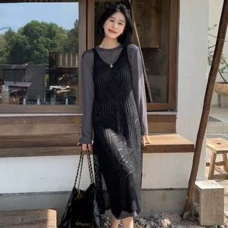 2025早秋新款女装初秋长袖针织圆领连衣裙高级感休闲中长款裙套装