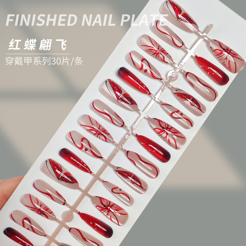 Long Pointed Almond Cat Eye Wearable Nails Red Butterfly Ribbon Nails European and American Style Pure Lust Sexy Split Size Nails Wholesale