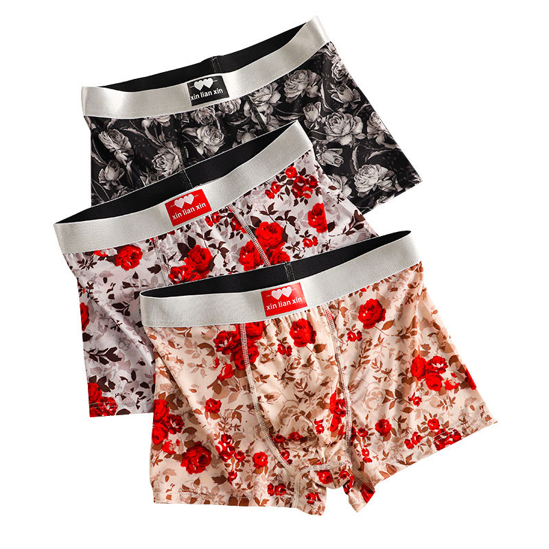 Underwear & Sleepwears Ice Silk Men's Boxer Briefs Mid Waist Trendy Rose Print Comfortable Stylish Unique Men's Underwear_voghion.com