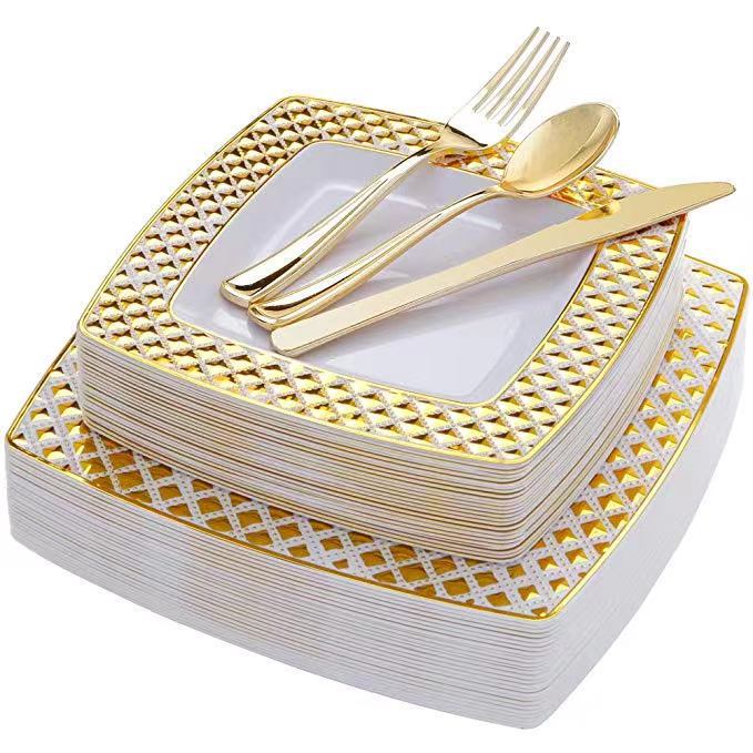 Square plate Western plate white square gilding hard plastic plate silver edge square plate cross-border hot sale