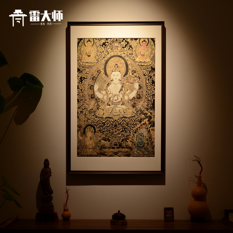 刺绣四臂观音唐装饰画卡茶室玄关客厅背景墙挂画沙发餐厅实木装裱