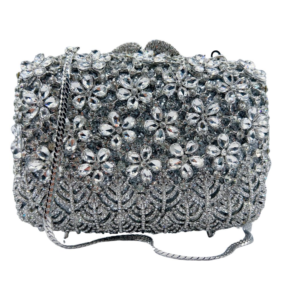 Túi clutch nữ đính kim cương nhân tạo họa tiết hoa tử đinh hương, cầm tay dự tiệc — Màu hồng, Hoa violet, Đế vàng kim cương, Màu bạc chi tiết 4