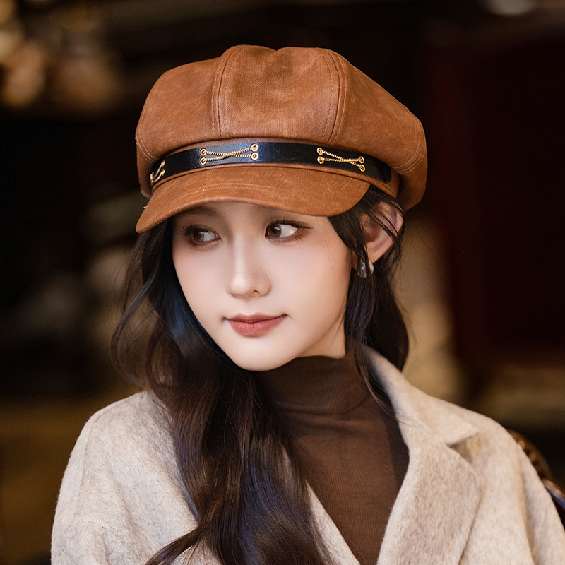 新款显脸小平顶鸭舌帽英伦风秋冬女士鸭舌帽八角帽女贝雷报童帽子|undefined