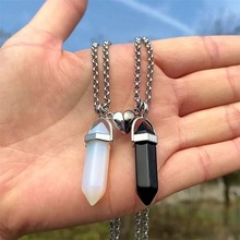 亚马逊欧美跨境六角柱吊坠项链情侣磁铁项链天然石水晶石吊坠项链