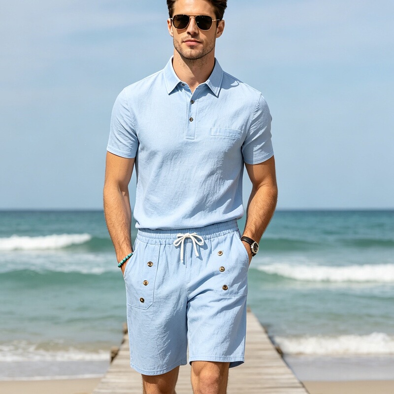 Cross-border European and American men's linen polo shirt with a collar, summer loose casual shorts with chest pocket, summer suit Cross-border European and American men's linen polo shirt with a collar, summer loose casual shorts with chest pocket, summer suit