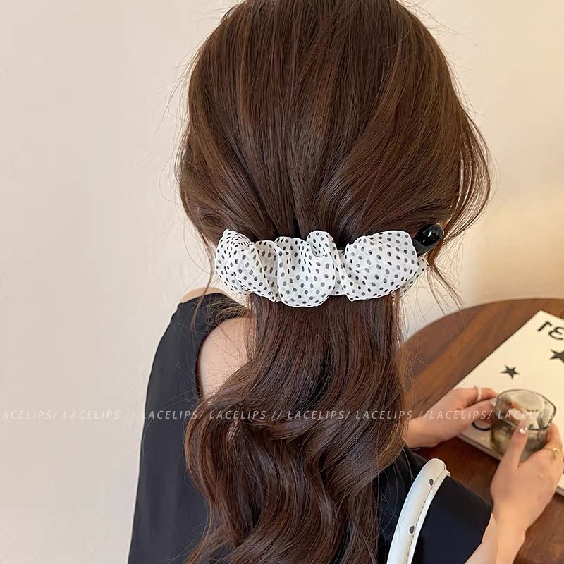 86# off-white polka dot chiffon pleated fabric banana twist hair clip - 13cm