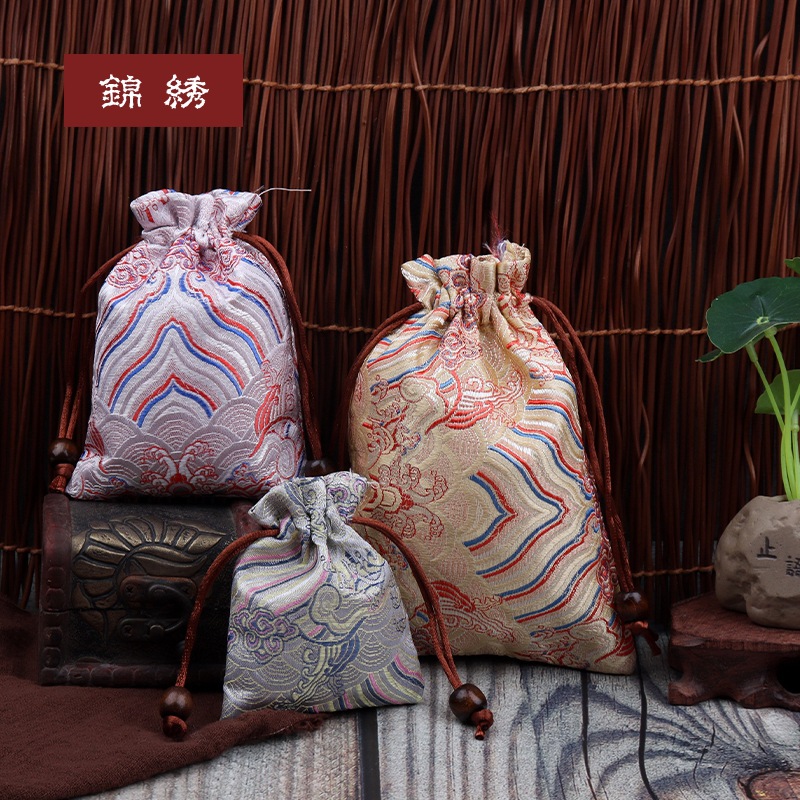 束口抽拉绳首饰包装袋饰品文玩手串收纳袋加厚木珠水纹袋复古刺绣
