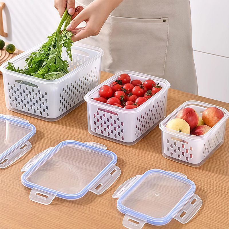 二層排水3点セット 鮮度保持ボックス 冷蔵庫 密閉保存箱 フルーツプラスチックボックス 冷蔵庫 蓋付き保存箱|undefined