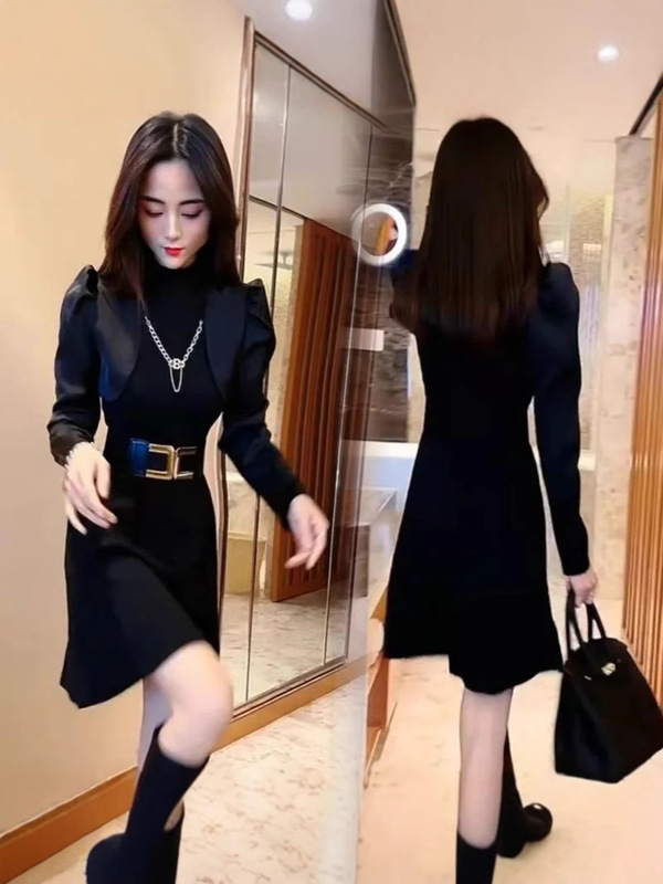 小个子短裙春秋休闲装黑色气质修身连衣裙新款长袖收腰显瘦裙子|undefined