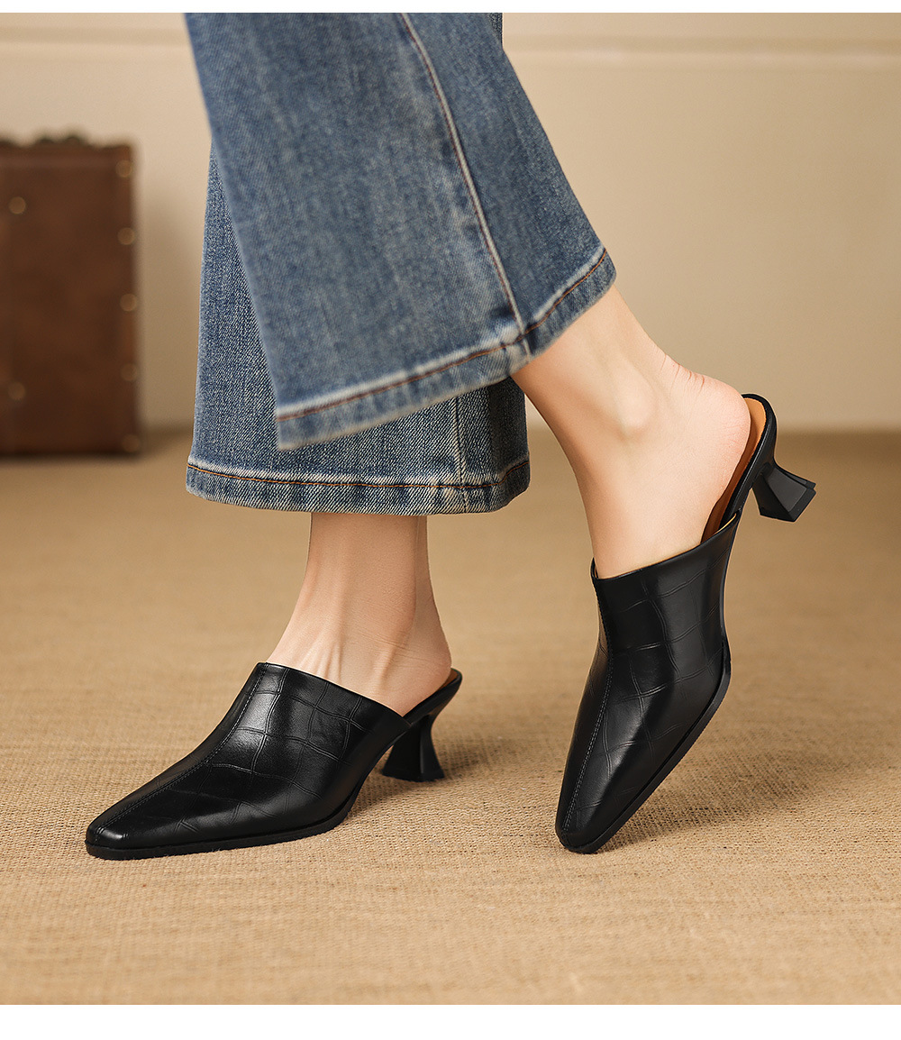Dép sandal cao gót nữ mũi nhọn quai ngang da dê, gót 5 cm — đen chi tiết 7