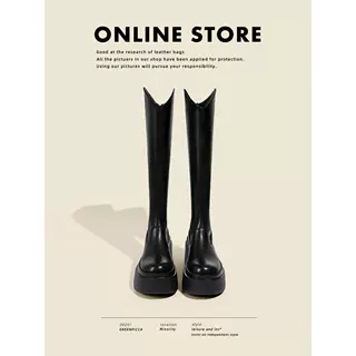 真皮~厚底V口长筒靴女秋冬新款弹力瘦瘦靴小个子显瘦高筒骑士长靴