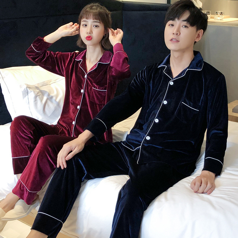 Coreano terciopelo pareja pijamas de las mujeres Otoño e Invierno de manga larga cardigan oro terciopelo cardigan simple ropa de hogar traje de los hombres más el tamaño