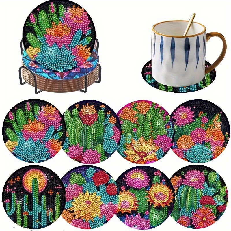 Ventas transfronterizas calientes de 8 piezas de conjunto de cojín de taza de arte de diamante, con soporte, pequeño conjunto de pintura de diamante, adecuado para adultos