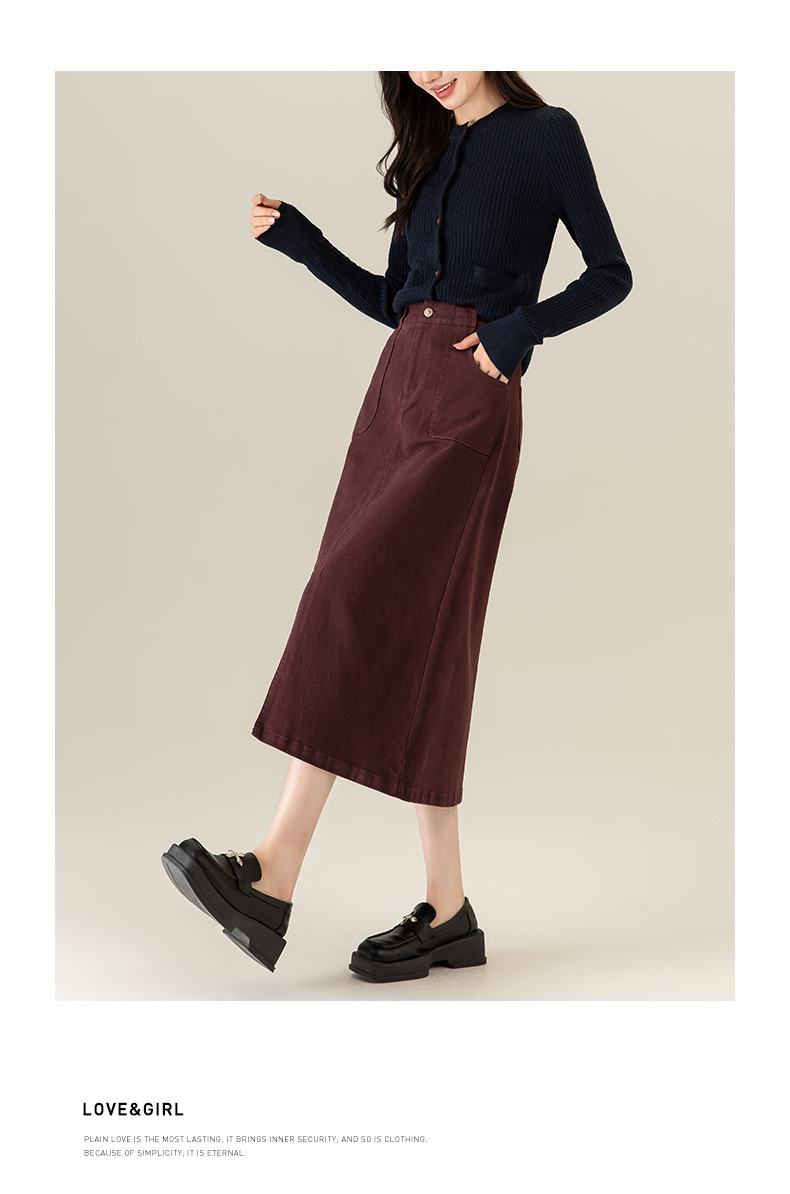 Váy denim đỏ nữ dài trung bình, cạp cao, xẻ tà, dáng thẳng — Màu đỏ Angora chi tiết 26