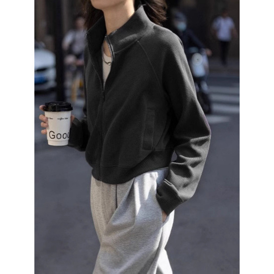 松弛感立领棒球服潮2025春秋款多巴胺吸睛色基础简约华夫格外套女|undefined