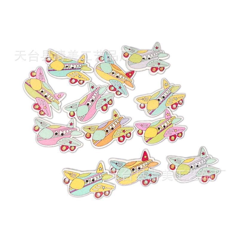 Dibujos animados pintados sobre fondo blanco lindo avión botón de madera vehículo 50 botones de madera uno