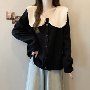 chubby girl plus size Colorblock Big Bow Doll Collar Knitted Sweater Single-breasted Design Sense Loose Slimming Sweater Autumn and Winter