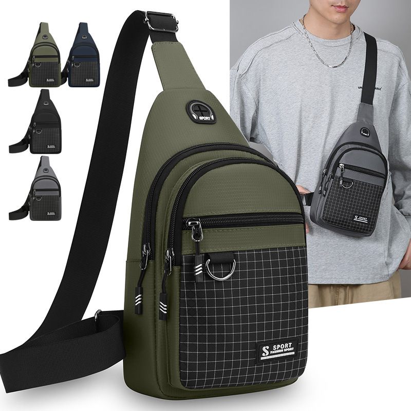 Foreign Trade Fashion Men's Chest Bag, Water-Repellent Nylon Plaid Design, Large Capacity Multi-Layer Shoulder Bag, Crossbody Bag