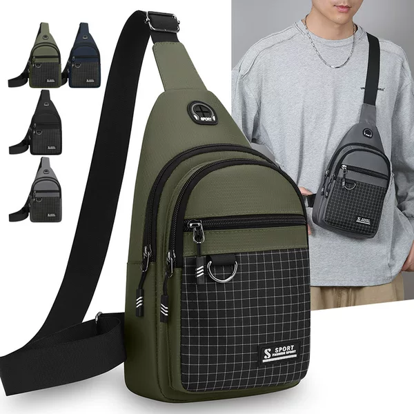 Foreign Trade Fashion Men's Chest Bag, Water-Repellent Nylon Plaid Design, Large Capacity Multi-Layer Shoulder Bag, Crossbody Bag