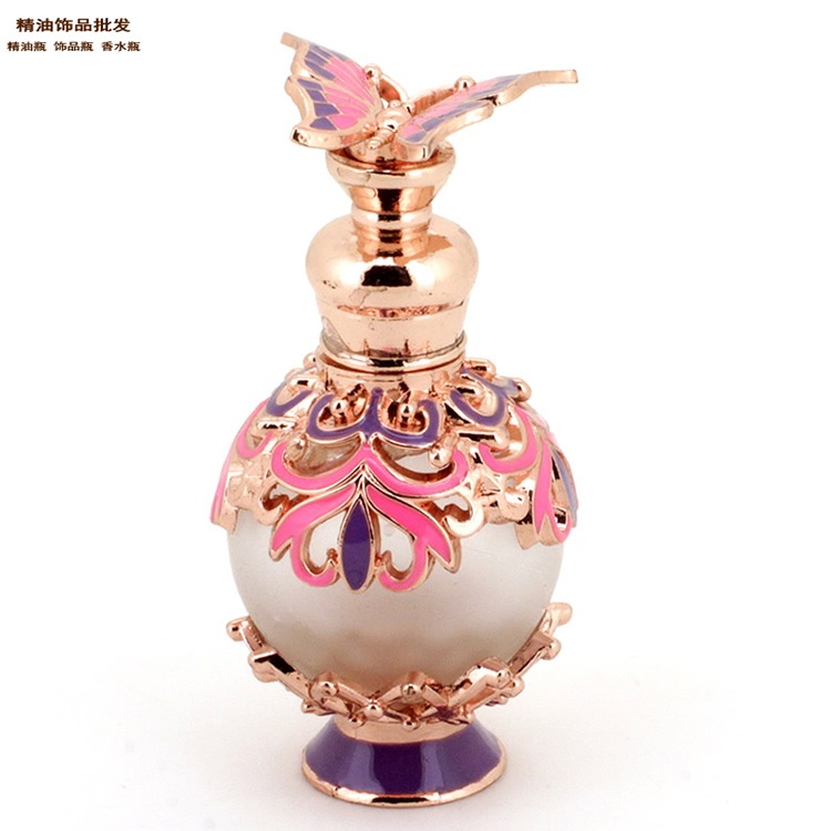 精油饰品网15ml紫色底蝴蝶盖玫瑰金色球形蜘蛛花纹香水瓶1.
