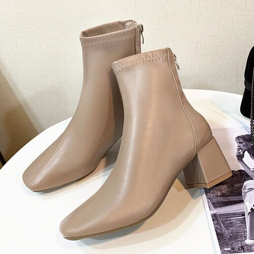 Women's  New Autumn/Winter White Martin Boots with Thick Heel and Inner Lift, Fashion and Slimming Square Toe Short Boots