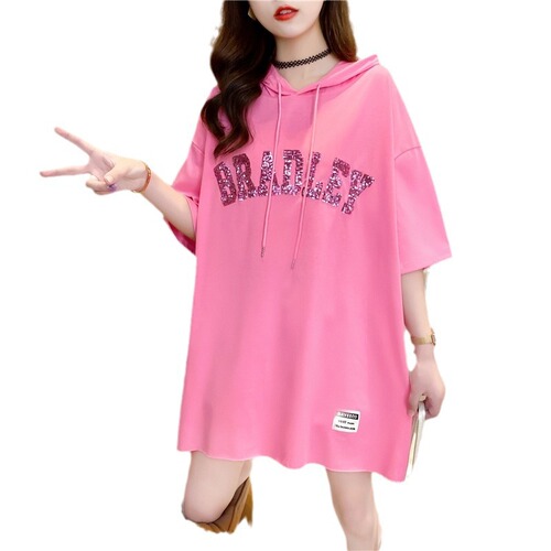 Women's Long-Sleeve T-Shirt with Butt Coverage, Summer Glitter Letter Youthful Style, 2025 Thin Model, Hooded Top for Women