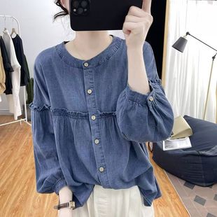 Lantern Sleeve Cotton Long-sleeved Shirt Women's 2024 Spring and Autumn Loose Age-reducing Top Retro Ruffled Nip Sleeve Shirt