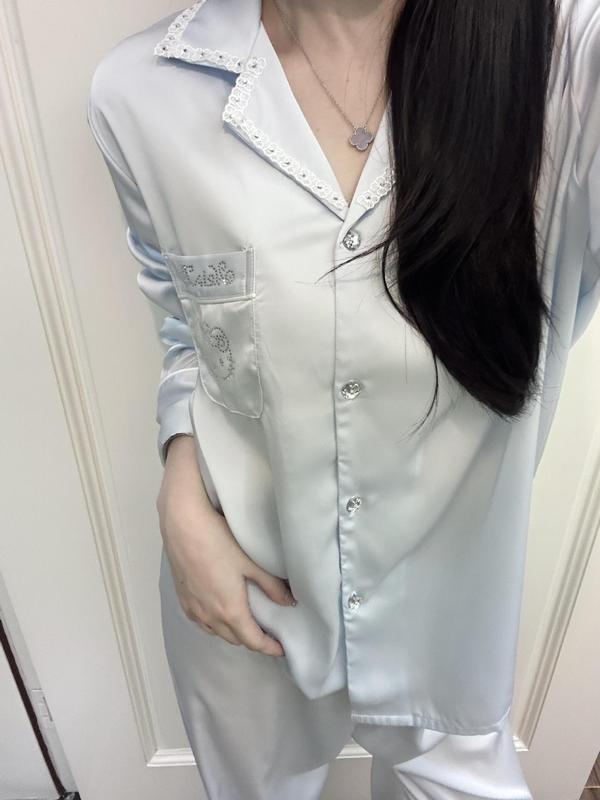轻奢缎面冰丝睡衣女款夏款高级缎面长袖长裤家居服Kitty印花套装|undefined