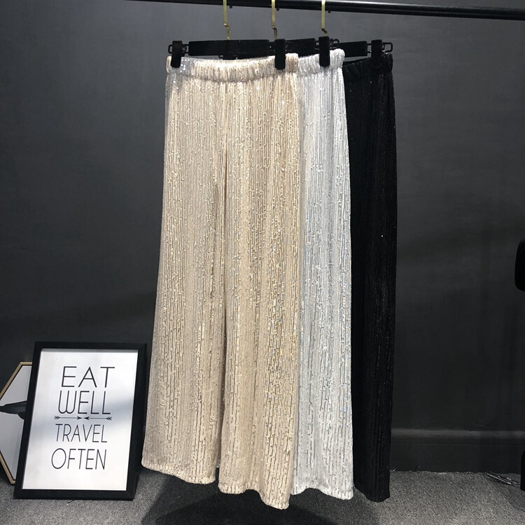 New Summer 2022 Sequin Wide Leg Pants Women's High Waist Dosing plus size Straight Shiny silver Pants
