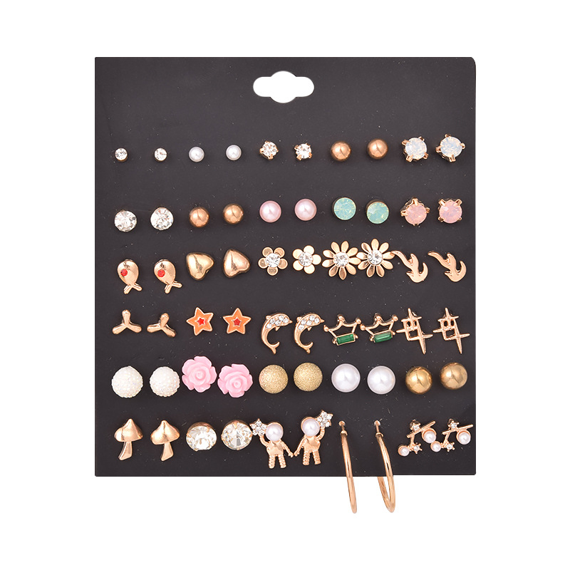 European And American Fashion Ladies Animal And Plant Geometric Flower Love Crown Dolphin Pearl Xingx 30 Pairs Earings Set display picture 6