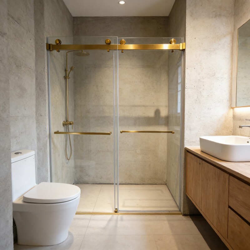 Frameless Double Sliding Door Shower Room for Foreign Trade, Gold Stainless Steel Hardware, Bathroom Glass Shower Screen, Customizable Frameless Double Sliding Door Shower Room for Foreign Trade, Gold Stainless Steel Hardware, Bathroom Glass Shower Screen, Customizable