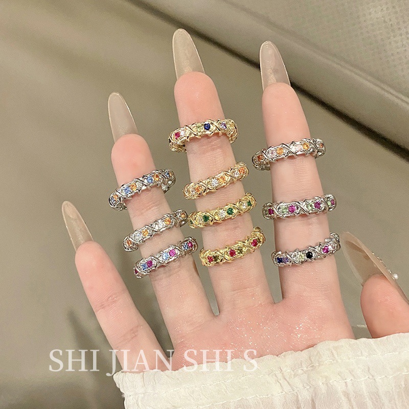 Simple Light Luxury Cross Multi-color Pastoral Color Diamond Opening Ring Zircon Design Sense Niche All-match Minimalist Jewelry for Women