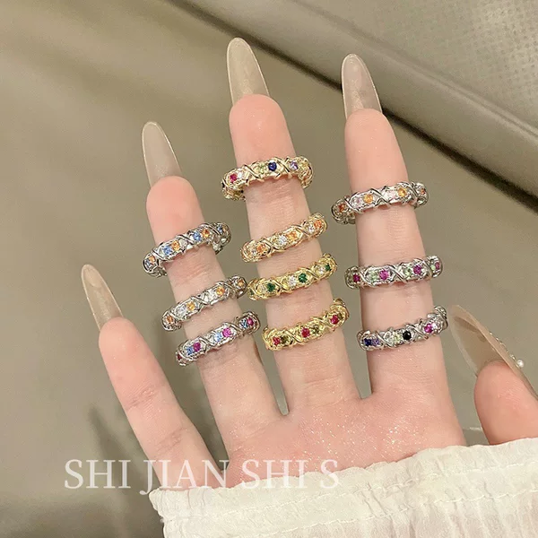 Simple Light Luxury Cross Multi-color Pastoral Color Diamond Opening Ring Zircon Design Sense Niche All-match Minimalist Jewelry for Women