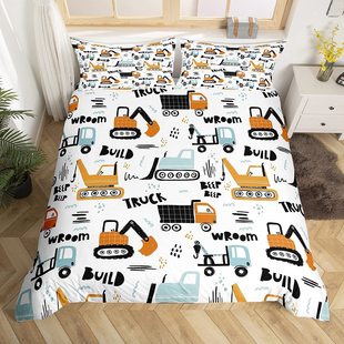 Boys Cartoon Engineering Vehicle Duvet Cover Tractor Excavator Bedding suit Children's Bedroom Three-piece Set
