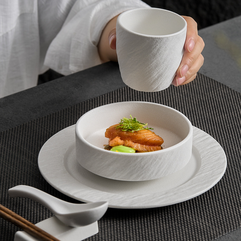 磨砂石纹摆台餐具三件套碗盘碟一人食套装酒店火锅店陶瓷餐具商用
