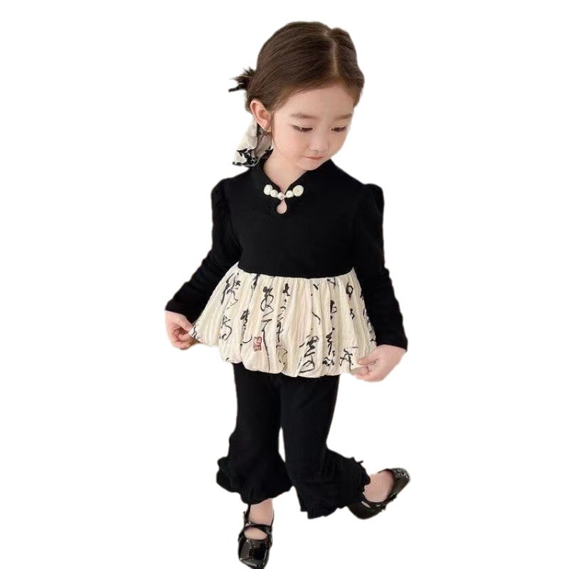 Mädchen Herbst Chinesischen Stil 2024 Neue Kleine und Mittlere Größe Langarm Puppen Hemd Schlaghose Kinder Zweiteiler_voghion.com