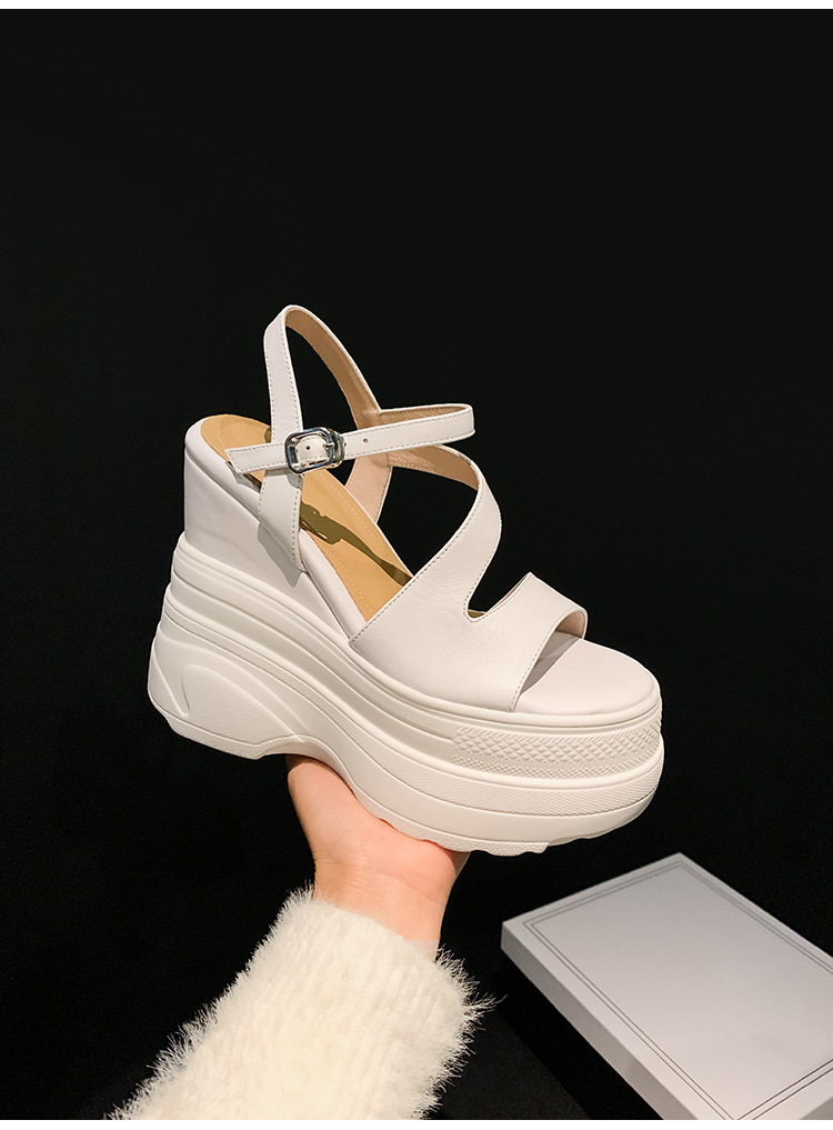 Sandal cao gót nữ hở mũi đế xuồng platform da bò thật, gót 12 cm, phong cách La Mã — màu đen, màu trắng, màu mơ chi tiết 20
