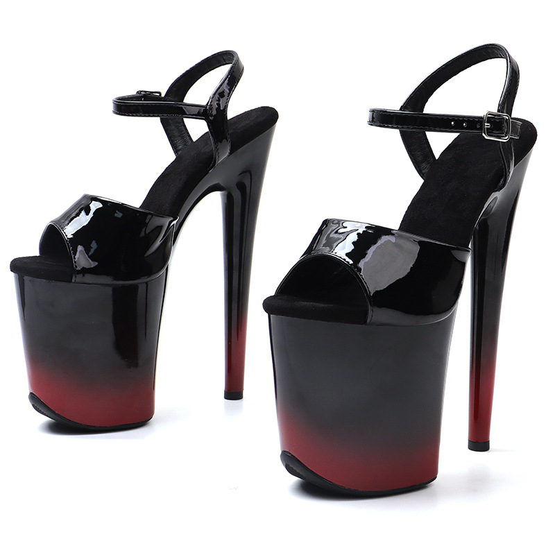 New Cross-Border 20cm Big Fish Mouth Color Matching Patent Leather Super High Sandals Sexy Catwalk Large Size Pole Dancer Shoes