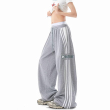 美式高街潮牌街舞三条杠休闲运动裤女爵士舞嘻哈阔腿宽松裤亚马逊