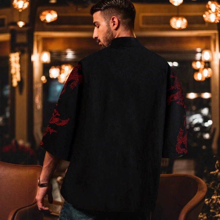 Простой кардиган в этническом стиле, ретро, ​​кимоно, мужская куртка с перьями, плащ Феникса в китайском стиле, кимоно, тонкая рубашка