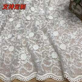 新款批发3D立体浮花蕾丝底树叶花珠片亮片网纱柔软棉线女装面料服