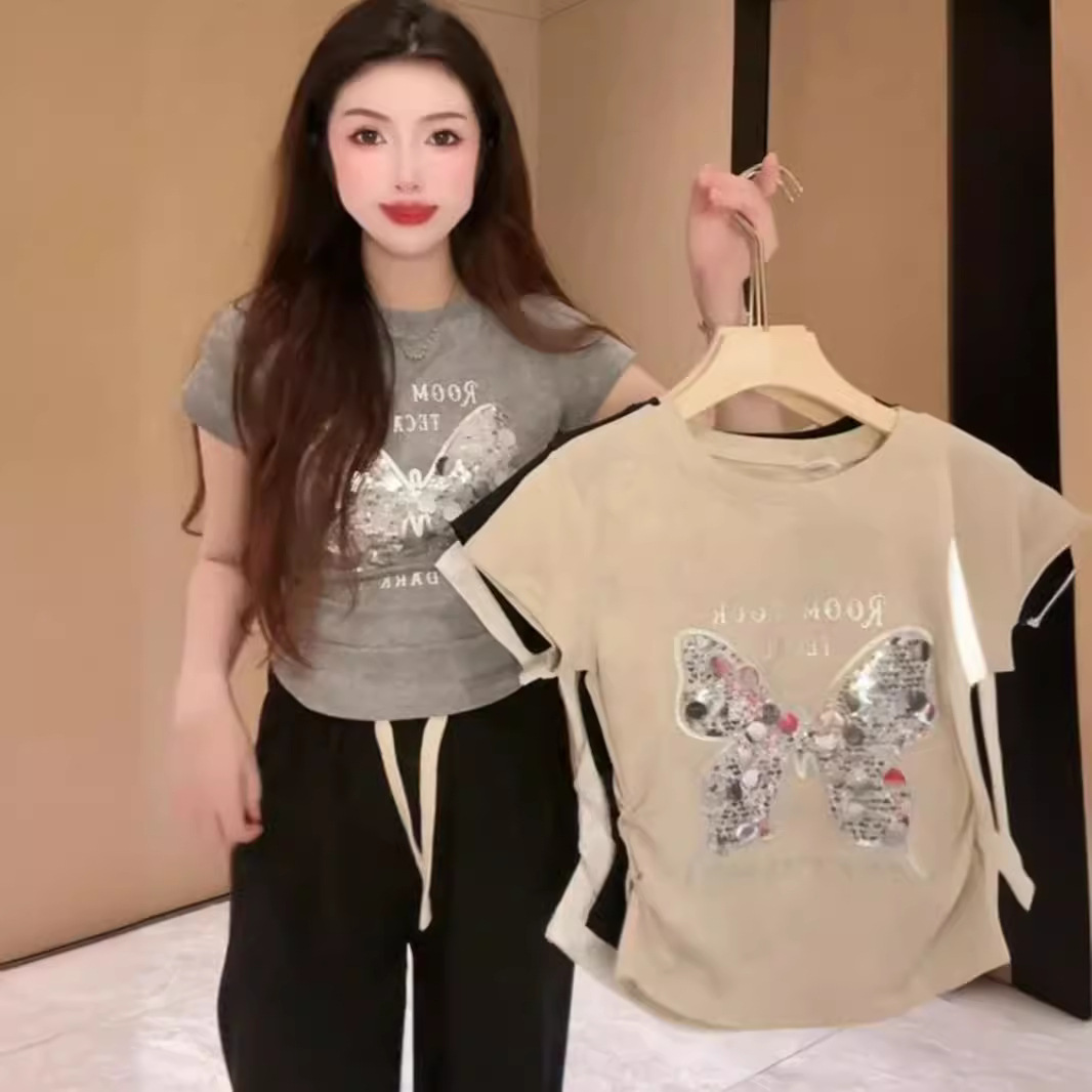 Camiseta de hombro de manga corta de mariposa con lentejuelas para mujer 2024 verano nuevo estilo moda casual pliegues cintura delgada para mujer image 5