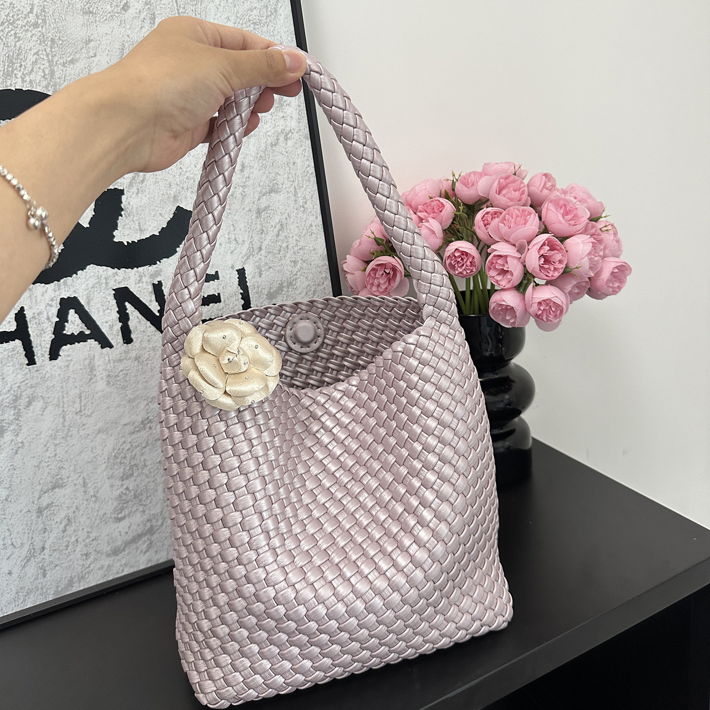 Túi xách tay nữ da thật đan thủ công phong cách nhân ngư cơ, kiểu dáng thời trang đi làm hàng ngày — Nhân ngư cơ