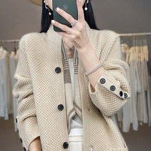 高端复古风秋冬新款100纯羊毛衫立领开衫女士宽松针织外套