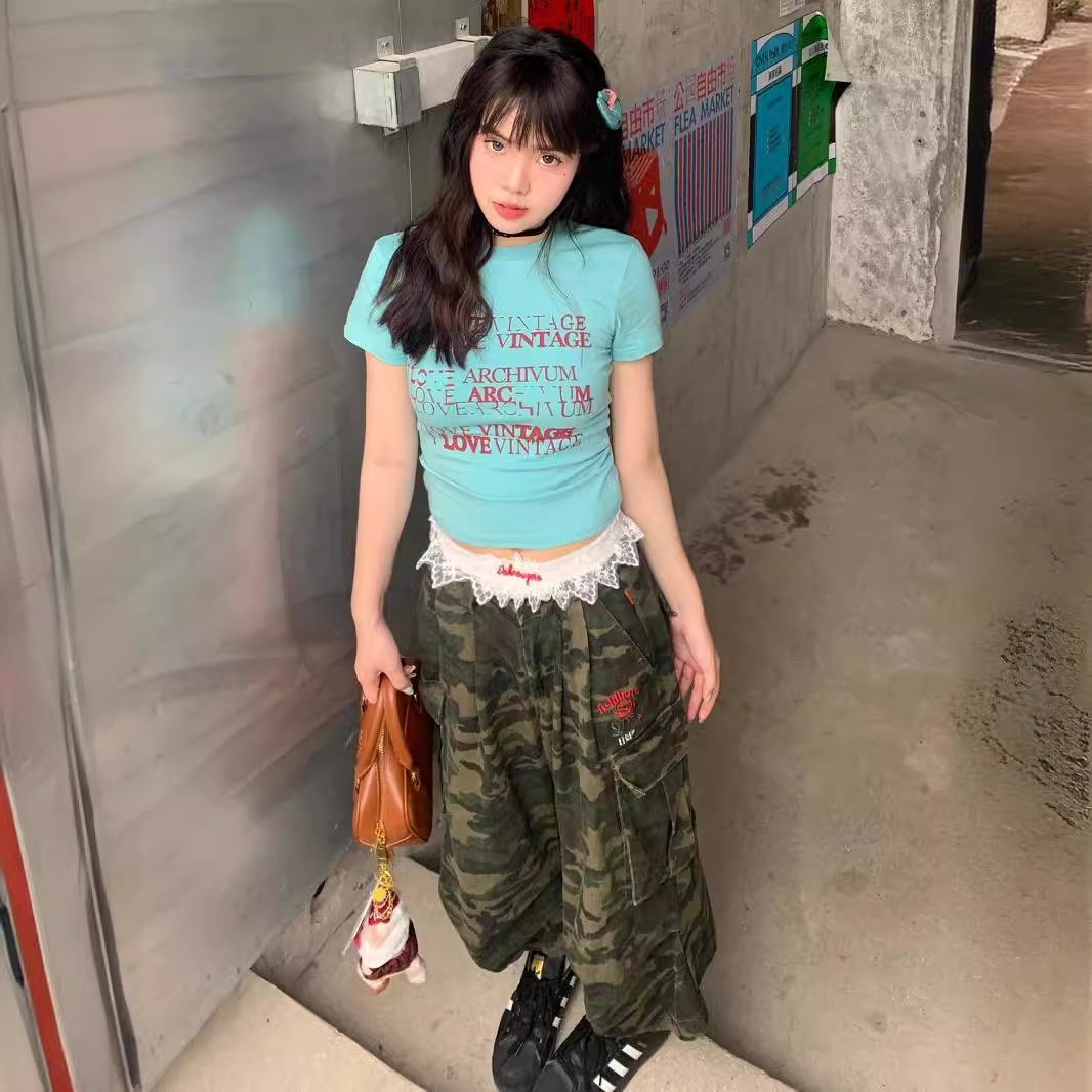 플러스 사이즈 레트로 미국 위장 크레인 청바지 여자 통통녀 캐주얼 루즈 올매치 하이 허리 자른 와이드 레그 바지