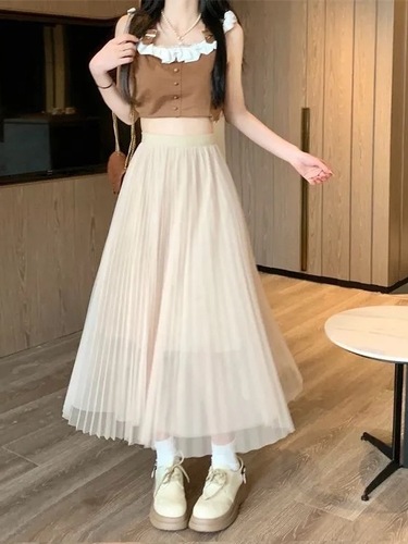 Sheer Mesh Half-Skirt, Summer 2025, Small Figure, Thin Pleated, Ethereal and Slimming, Medium Length