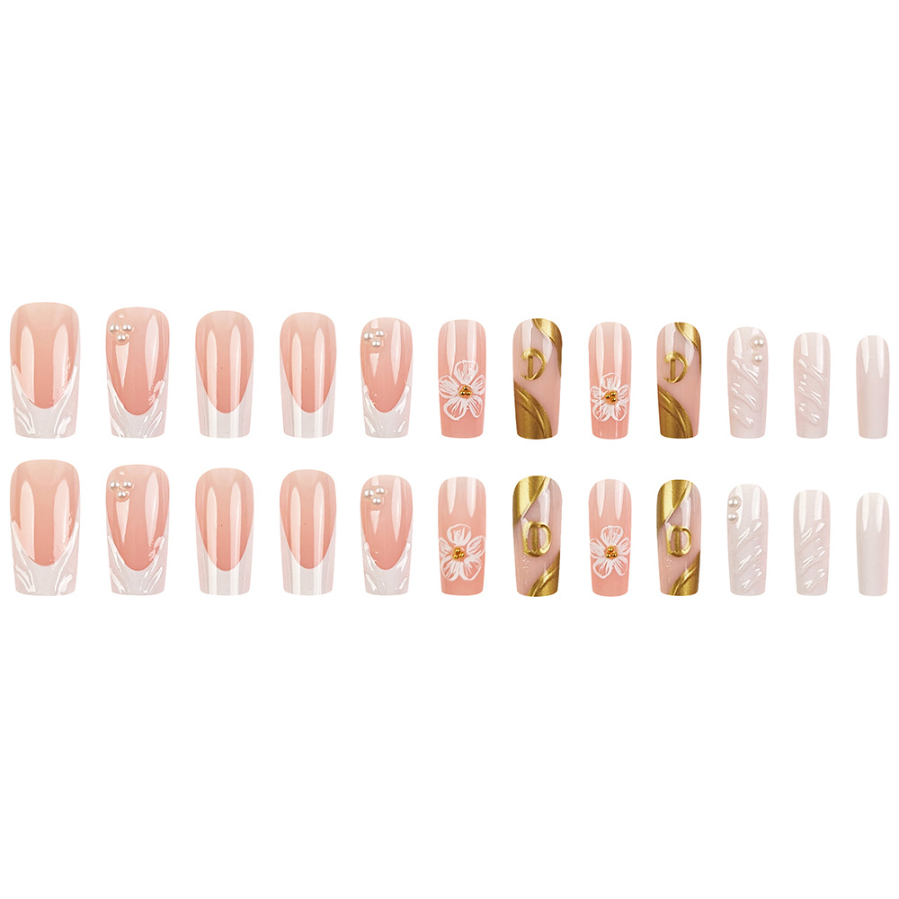 3D goteo de flores de perlas de oro de manicura francesa transfronteriza venta caliente tubería de agua para usar uñas 24 piezas de parche de uñas