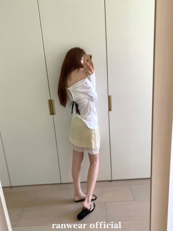 Ranwear 一口水蜜桃 小众温柔荡领后背扭结露背蝴蝶结长袖防晒T恤|undefined