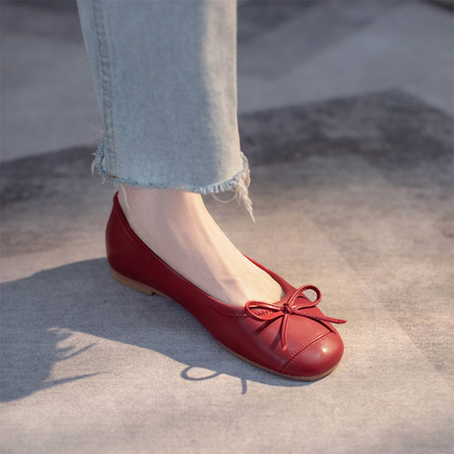 Retro full leather granny shoes 2024 early spring low heel flat low ballet shoes animal year red small shoes one piece drop shipping