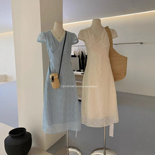 清仓不退换 2025夏季蕾丝长裙氛围感度假风v领收腰提花连衣裙5836